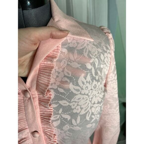 dress 1980s sheer lace bodice ruffle front pink - Picture 6 of 10